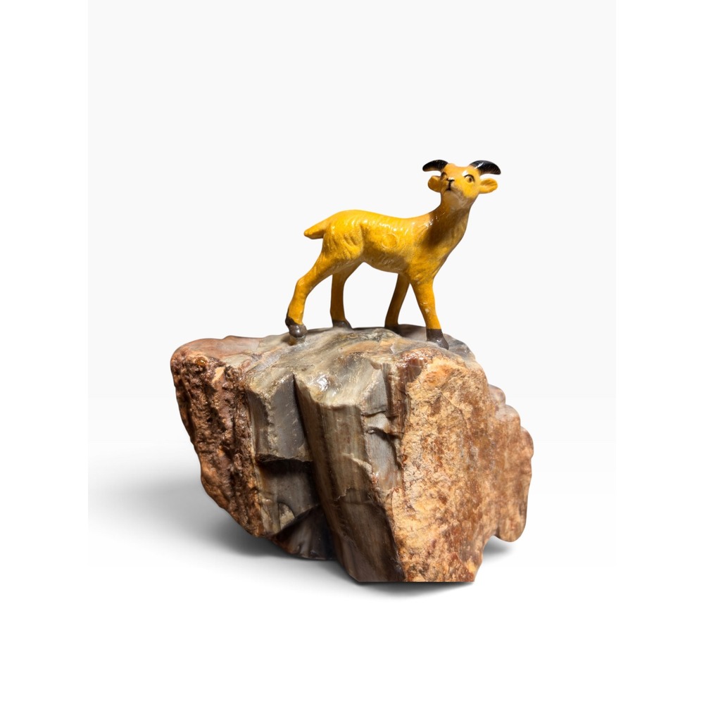 Vintage Mountain Goat Ibex Figurine on Natural Petrified Wood Stone Base 4.5"